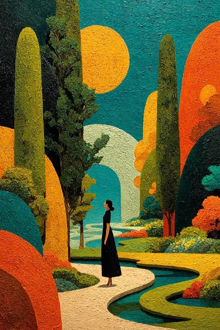 Create a surrealist painting inspired by the style of Tarsila do Amaral. The scene features a woman at peace in her own inner world her infinito particular. She is stylised, with simplified and bold forms, soft curves, and expressive colours. The background is an imperial garden filled with organic shapes and a maze-like labyrinth, echoing the balance between inner mystery and harmony. The palette is vivid, using warm earthy tones, tropical greens, and dreamy blues. The overall style is Brazilian modernist, with a poetic, whimsical, and slightly metaphysical tone. --chaos 10 --ar 2:3 --stylize 800 --v 7 Job ID: 1921f79b-5f7a-4e4e-9276-871c5aac89aa